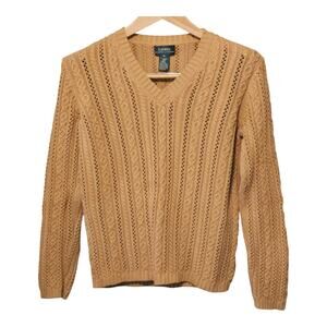 Lauren Ralph Lauren Womens Cable Knit Preppy V-Neck Sweater M Tan 100% Cotton